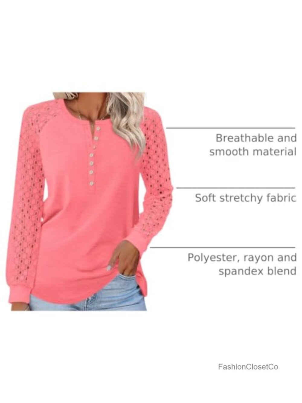 Lace Henley Long Sleeve T-Shirt Women Casual Stretchy Blouse - Picture 3 of 6